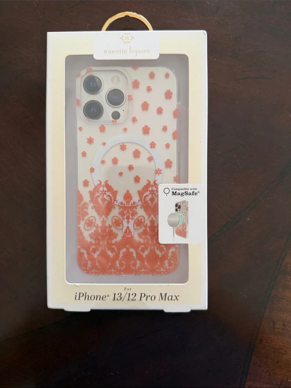 Nanette Lepore White iPhone 13/12 Pro Max Case with Coral Pattern and Grip Ring